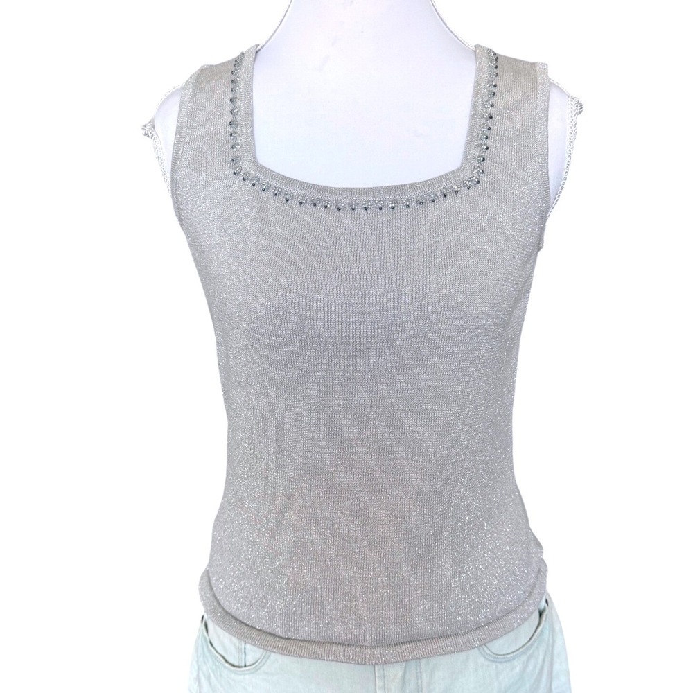 Petite Sophisticate Metallic Silver Beaded Knit Tank Top Cami Y2K Shell Size P